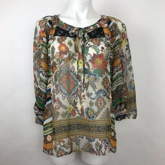 Fig And Flower Tunic Top Boho Floral Sheer Sz M - Picture 1 of 7